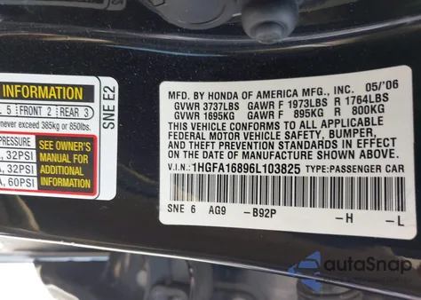 2006 Honda Civic Ex from USA, damaged, VIN 1HGFA16896L103825